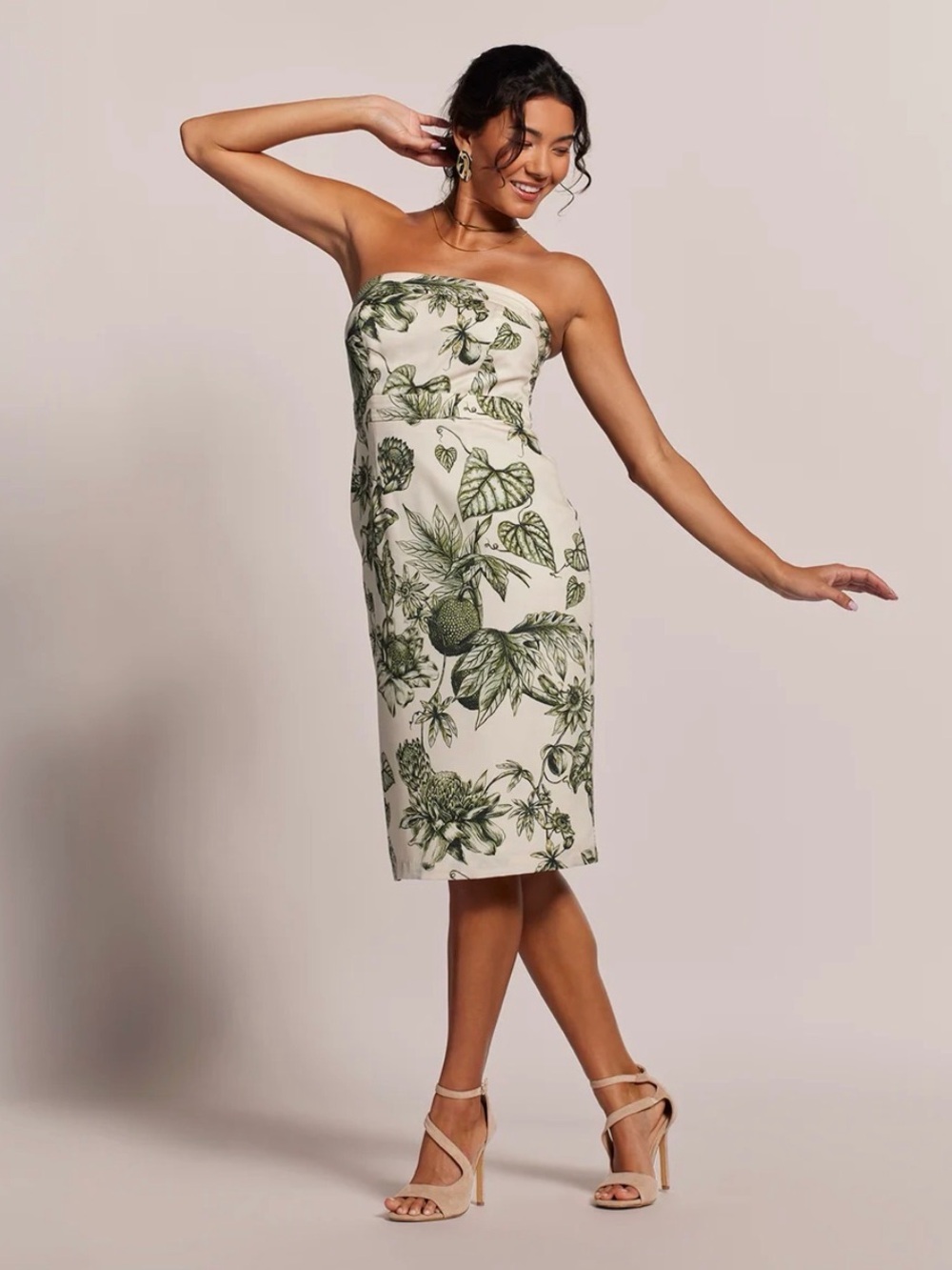 Tori Richard Flora In Ink Quinn Midi Dress Strapless Size 8 Shell Ivory Green